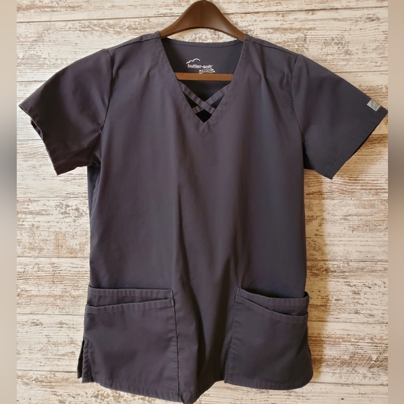 Butter Soft Tops - Butter-Soft Criss-Cross V-Neck Scrub Top Pewter Gray M